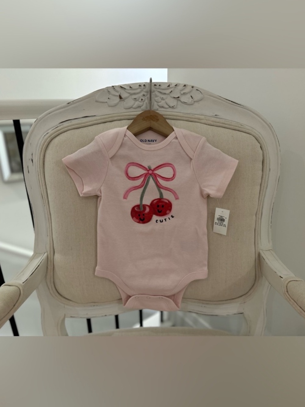 🍒 6~12 Mth Pink Cherry Bow Graphic 100% Cotton Baby One-Piece NWT